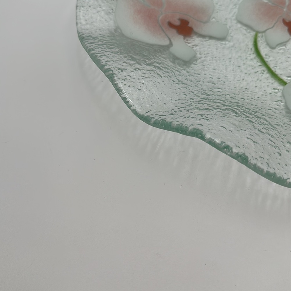 Fused Glass Scalloped Large Plate/Bowl Pink Pansies Green leaves - Picture 12 of 16